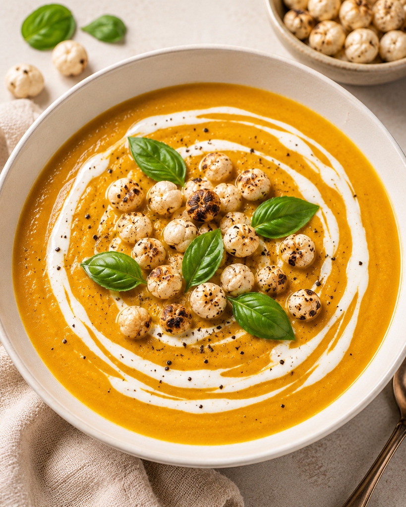 Spiced Pumpkin Soup with Roasted Makhana (Fox Nuts) & Basil